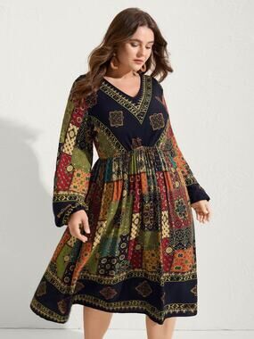 Bohemian Multicolored Patchwork Print V-Neck Long Sleeve Midi Dress